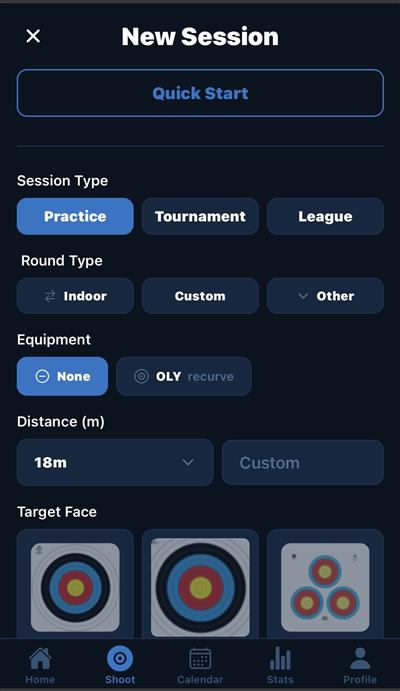 New Session setup — session type, round type, equipment, distance, target face